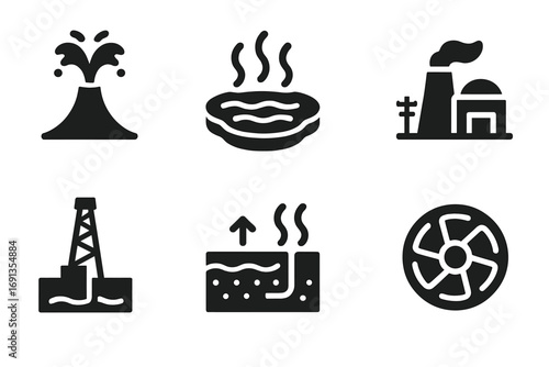 Geothermal Energy Icons. Solid, filled icon set of geothermal energy: geyser, hot spring, steam vent, geothermal plant, drill rig,