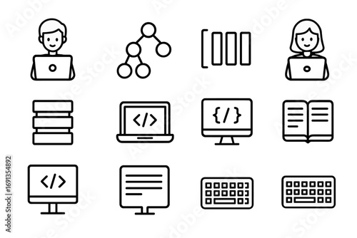 Data Structures Icons. Outline icon set of Students learning data structures: tree diagram, array symbol,