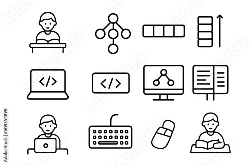 Data Structures Icons. Outline icon set of Students learning data structures: tree diagram, array symbol,