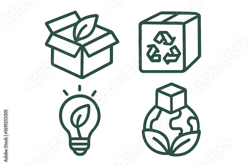Eco friendly packaging line icon set. Sustainable business practices. Green product design concepts. Recycling symbol, biodegradable box, green energy, global eco shipping.