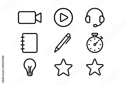 Short Video Lesson Icons. Outline icon set of Short video lessons: video camera, play button, headset,