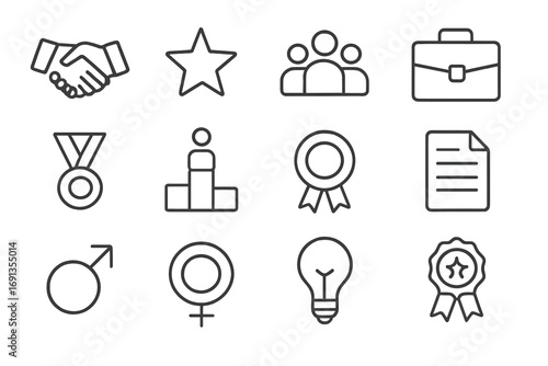 Equal Opportunity Icons. Outline icon set of equal opportunity programs: handshake, star, group of people,
