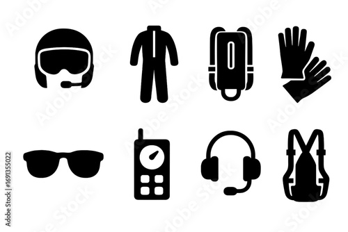 Glider Pilot Gear Icons. Solid, filled icon set of glider pilot equipment: helmet, flight suit, parachute, gloves, sunglasses,