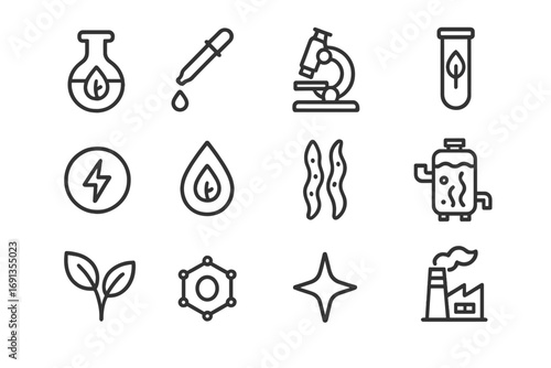 Organic Fuel Research Icons. Outline icon set of organic fuel research: flask, pipette, microscope, test tube,