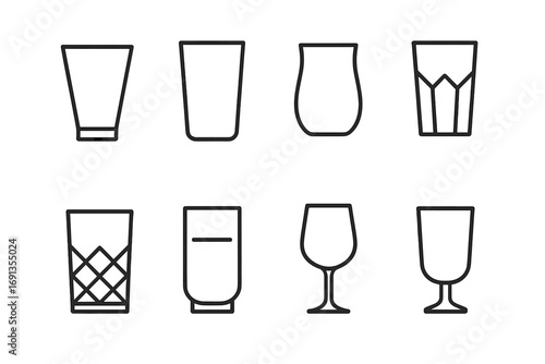 Glassware Icon Set. Outline icon set of glassware shapes: conical glass, cylindrical glass, curved glass, faceted glass, etched