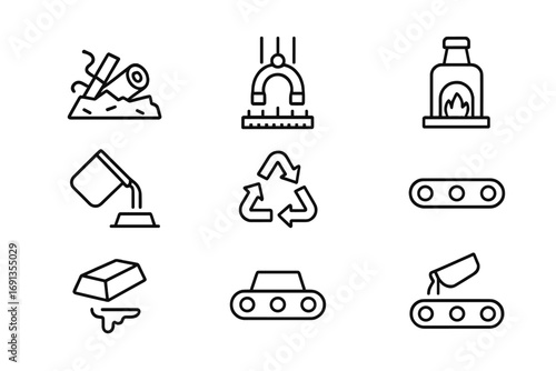 Recycling Icons Grid. Outline icon set of Metal recycling: scrap metal, shredder, magnet, furnace, melting pot