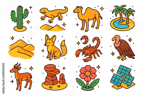 Desert Habitat Icons. Colorful isometric vector icons set of desert habitat preservation: cactus, lizard, camel, oasis, sand dunes