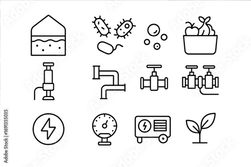 Anaerobic Digestion Icons. Outline icon set of anaerobic digestion: digestion tank, bacteria, methane bubbles,