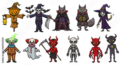 A whimsical collection of Halloween characters, including monsters, creatures, and spooky figures.