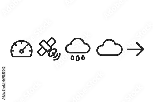 Minimalist weather icons set with speed meter, satellite signal, rain cloud, cloud, and directional arrow symbols for modern vector design, transparent background, ordered icons collection