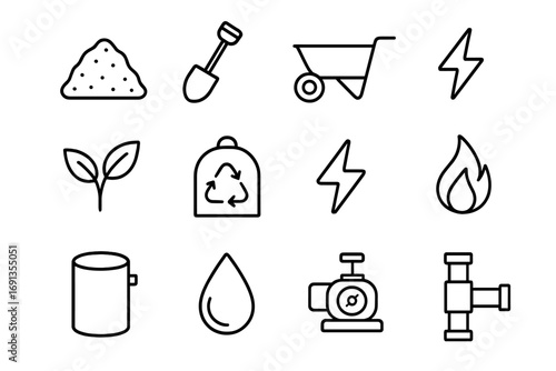 Agricultural Energy Icons. Outline icon set of agricultural waste energy: crop pile, shovel, wheelbarrow,