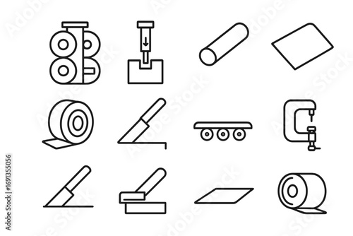 Metalworking Icons Grid. Outline icon set of Metal extrusion and rolling: rolling mill, extrusion press,