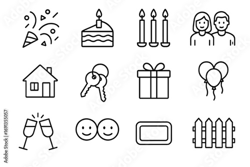 Celebration Icon Set. Outline icon set of celebrating homeownership: confetti, cake, candles, couple, house,