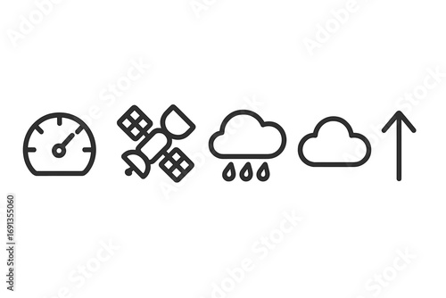 Minimalist weather icons set meter satellite rain cloud arrow. Vector cartoon illustration transparent background. Simple weather symbols collection ordered design.