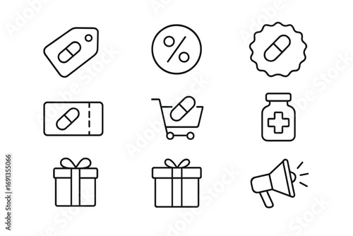 Pharmacy Promotion Icons. Outline icon set of Pharmacy promotions: discount tag, percentage icon, sale badge,