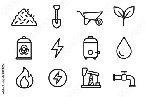 Agricultural Energy Icons. Outline icon set of agricultural waste energy: crop pile, shovel, wheelbarrow,
