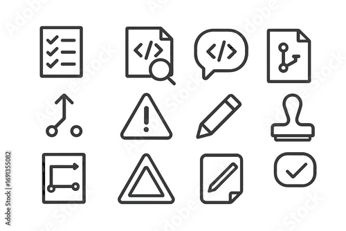 Code Review Icons. Outline icon set of Code review tools: checklist, magnifying glass, comment bubble, pull