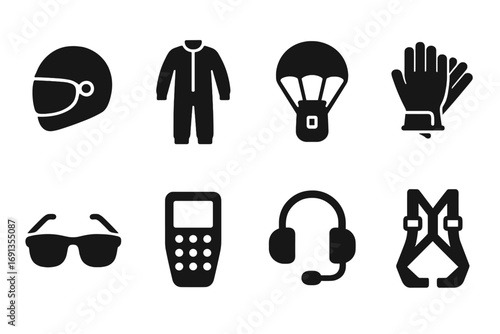 Glider Pilot Gear Icons. Solid, filled icon set of glider pilot equipment: helmet, flight suit, parachute, gloves, sunglasses,