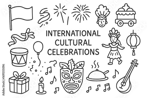 Global Celebration Icons. Hand-drawn doodle illustration International cultural celebrations flag, fireworks, parade float, dance
