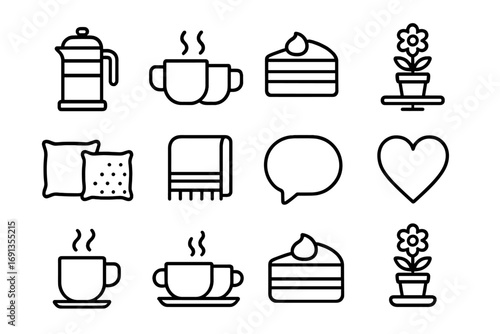 Cozy Coffee Icons. Outline icon set of Couples enjoying coffee: coffee pot, mugs, cake slice, table