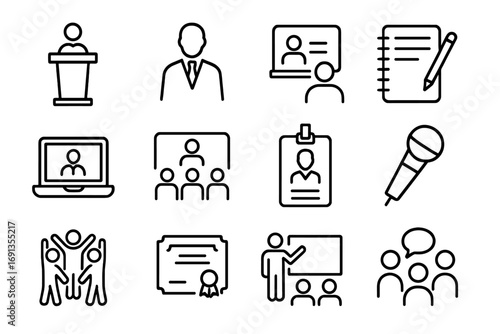 Leadership Seminar Icons. Outline icon set of leadership training seminars: podium, speaker, student, notebook