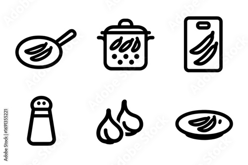 Green Beans Icon Set. Solid, filled icon set of cooking green beans: frying pan, boiling pot, knife, chopping board, oil bottle,