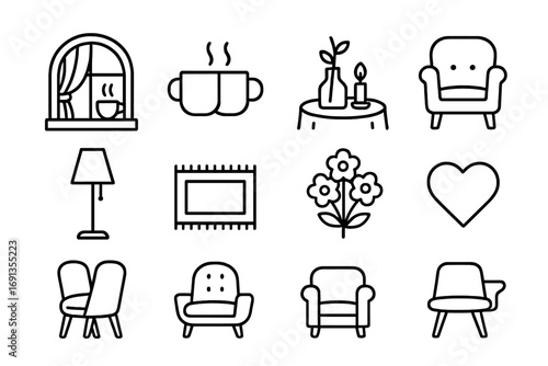 Cozy Café Icons. Outline icon set of Cozy intimate cafés: window scene, coffee mugs, table centerpiece, soft