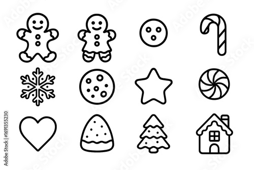 Gingerbread Cookie Icons. Outline icon set of festive gingerbread cookies: gingerbread man, gingerbread woman,