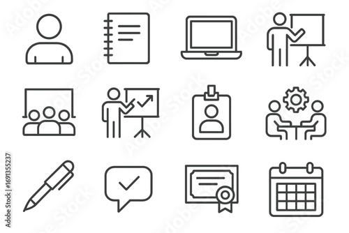 Career Workshop Icons. Outline icon set of career planning workshops: student, notebook, laptop, instructor,