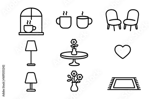 Cozy Café Icons. Outline icon set of Cozy intimate cafés: window scene, coffee mugs, table centerpiece, soft