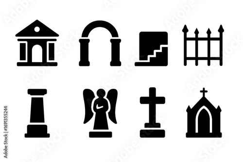 Graveyard Icon Set. Solid, filled icon set of graveyard architecture: mausoleum, stone arch, crypt stairs, iron fence, stone
