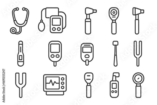 Diagnostic Tools Icons. Outline icon set of Diagnostic tools and devices: stethoscope, blood pressure monitor, otoscope,