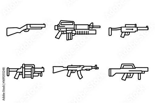 Grenade Launcher Icons. Outline icon set of grenade launcher historical models: M79, M203, AG36, Mk 19, Milkor MGL, GP-25, HK GMG,