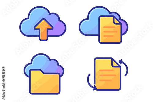 Modern gradient cloud storage and file sharing icons, vector cartoon illustration set, transparent background, upload, file, folder, synchronization concepts, cloud computing