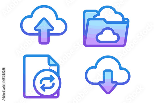 Modern gradient cloud storage icons set with upload, download, file sharing, and synchronization symbols, vector cartoon illustration, transparent background, digital data management concepts
