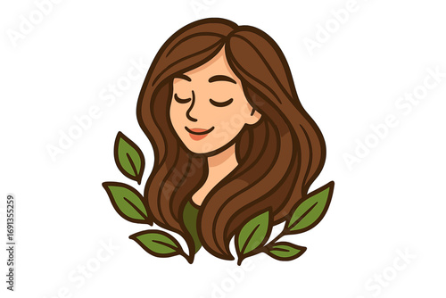 Beautiful woman face with long hair and green leaves. Natural beauty, wellness, spa, and organic cosmetics concept. Vector logo illustration for eco-friendly brands.