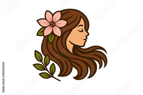 Beautiful woman profile with flower in hair. Beauty salon, spa, cosmetics logo icon. Feminine character with natural hairstyle. Spring blossom concept vector illustration.