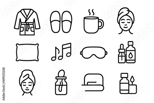 Relaxation Icons Grid. Outline icon set of Relaxation techniques: bathrobe, slippers, hot beverage, face mask,