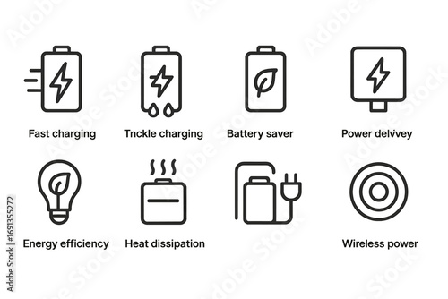 Simple Icon Grid. Outline icon set of charging technology: fast charging, trickle charging, battery saver mode, power delivery,