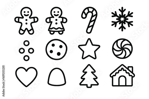 Gingerbread Cookie Icons. Outline icon set of festive gingerbread cookies: gingerbread man, gingerbread woman,