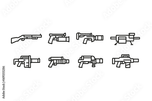 Grenade Launcher Icons. Outline icon set of grenade launcher historical models: M79, M203, AG36, Mk 19, Milkor MGL, GP-25, HK GMG,