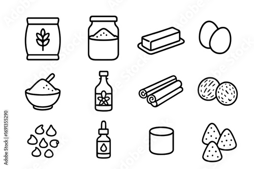 Festive Baking Icons. Outline icon set of festive baking ingredients: flour bag, sugar jar, butter stick, eggs