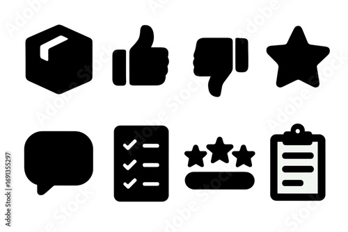 Icon Grid Design. Solid, filled icon set of product feedback: package box, thumbs up, thumbs down, star, comment bubble, checklist