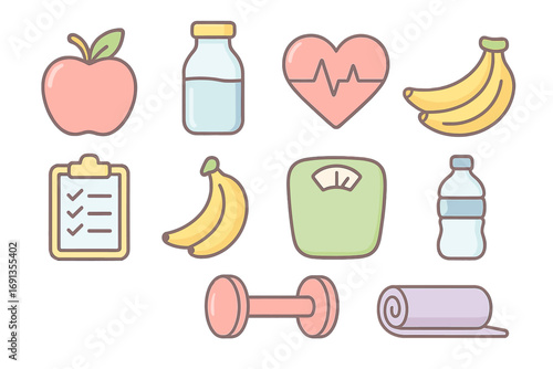 Pastel icons set of nutrition, health, and fitness essentials with apple, bananas, milk, water bottle, heart pulse, scale, dumbbell, yoga mat and checklist for wellness and lifestyle concepts