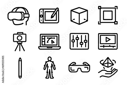 Digital Arts Icons. Outline icon set of digital creative arts: VR headset, digital drawing tablet, 3D modeling cube, animation