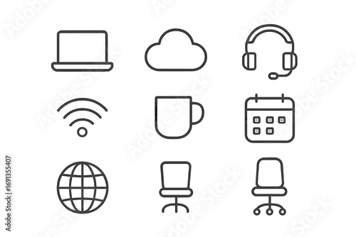 Remote Work Icons. Outline icon set of Remote work opportunities: laptop, cloud, headset, Wi-Fi, coffee cup,
