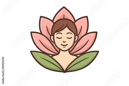 Woman meditating in a lotus flower. Yoga, spa, and wellness concept. Symbol of peace, zen, and harmony. Serene girl for beauty and relaxation logo. Spiritual mind and body.