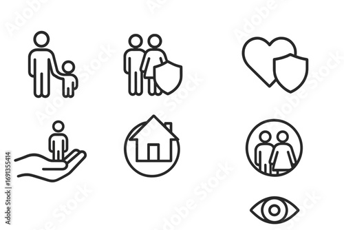 Guardian Family Icons. Outline icon set of guardian family: adult holding child hand, family shield, home protection, heart with