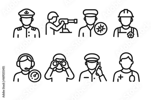Gunboat Crew Icons. Outline icon set of gunboat crew roles: captain, gunner, navigator, engineer, radar operator, lookout,