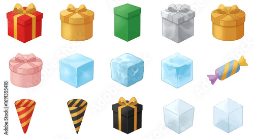 A collection of various colorful and patterned gift boxes and party favors, arranged in rows.
